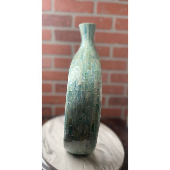 Large Mother of Pearl Shell Mosaic Abstract Vase Teal Aqua 14.5" Coastal Decor - Picture 6 of 8